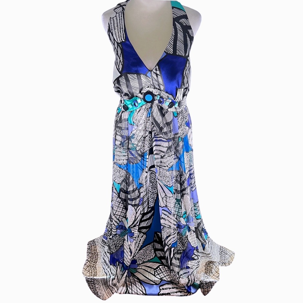 Signature by Robbie Bee Vtg 100% Silk Chiffon Halter Maxi Dress‎ Blue 18W